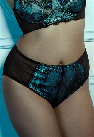 IRENA TEAL SATIN AND LACE HIGH WAIST BRIEF