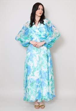 70's Vintage Ladies Dress Blue Green White Bell Sleeve Maxi