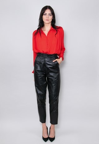 80's Vintage Ladies Trousers Black Leather High Rise