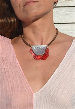 Red shell/aluminum/coconut beaded boho chic necklace.