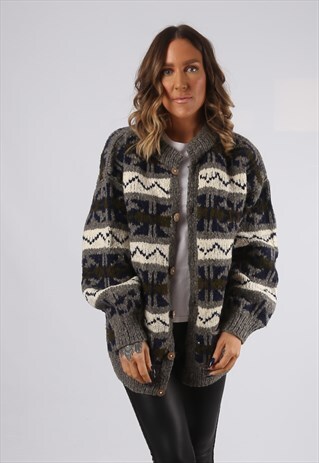 CHUNKY KNIT CARDIGAN WOOL OVERSIZED PATTERNED UK 16 (BJ4C)