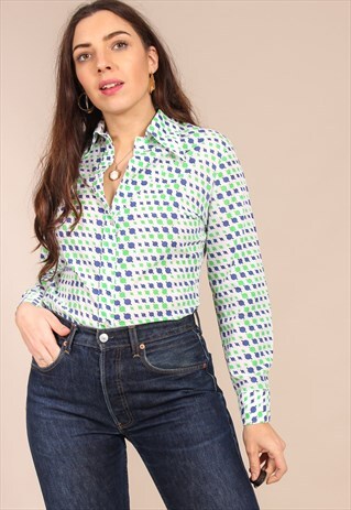 VINTAGE 70S BLOUSE IN GREEN AND BLUE SPOTTY PRINT