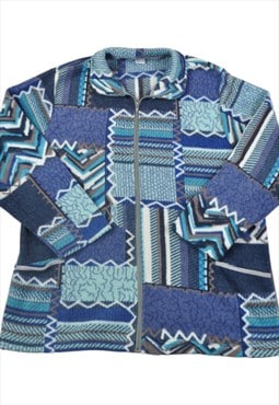 Vintage Fleece Jacket Retro Pattern Blue Ladies XL