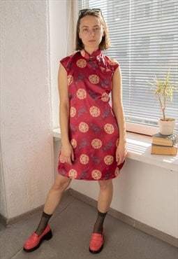 Vintage 80's Red Chinese Style Mini Satin Dress