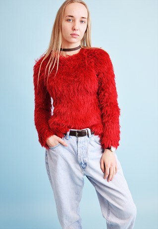 90'S RETRO RED FLUFFY KNIT TEEN JUMPER TOP