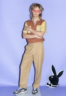 90's Vintage skater fit pleated classy trousers in camel tan