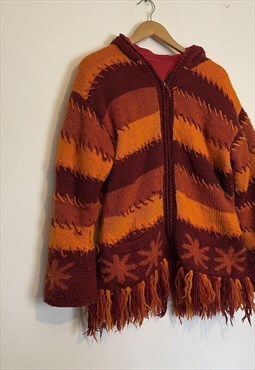 Vintage 90s Wool Knit Cardigan Chunky Sun Made In Nepal 