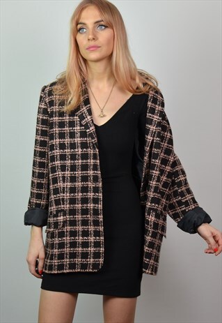 VINTAGE 90S BLACK & PINK CHECK TWEED BLAZER / JACKET