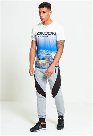 MENS GREY CONTRASTING PANEL JOGGING BOTTOMS