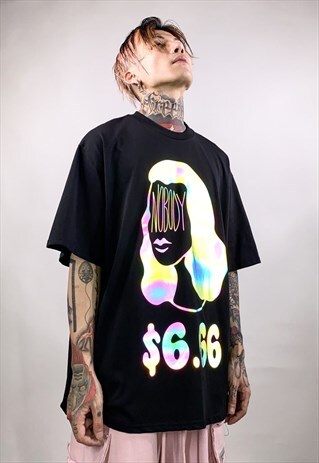REFLECTIVE MONEY GIRL PRINT TEE NOBODY PAID SLOGAN T-SHIRT