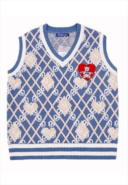 Check print sleeveless sweater teddy heart top in blue