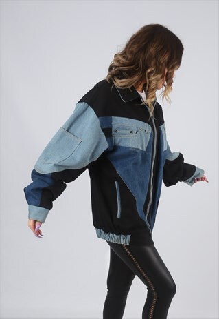 DENIM / COTTON BOMBER JACKET OVERSIZED PATCHWORK UK 16 (K7X)