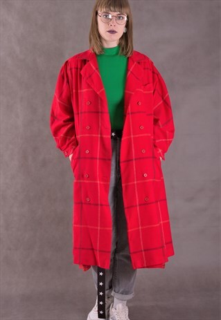 90S VINTAGE WOOL CHECKERED WOMENS TRENCH COAT /LONG SHIRT