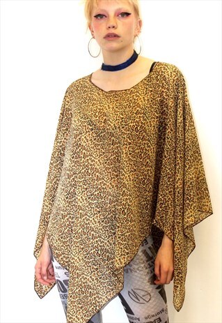 LEOPARD ORANGE PRINT SHEER ANIMAL PONCHO SLOUCHY TOP CAPE