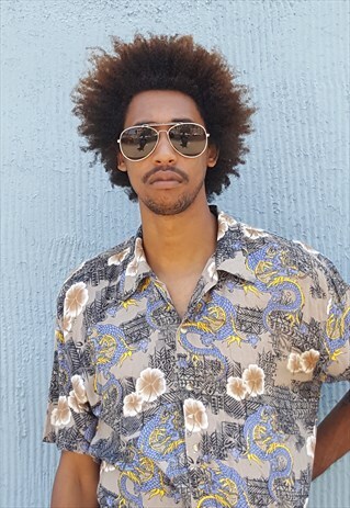 90S CLASSIC HAWAIIAN DRAGON FLORAL PATTERN SHIRT LARGE