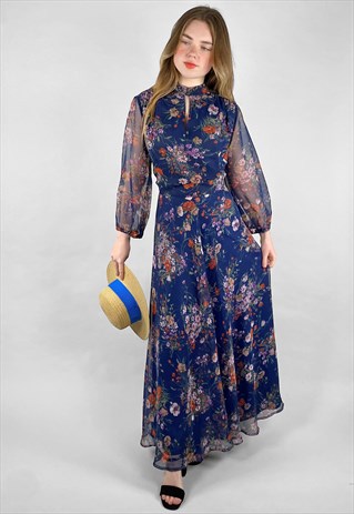 70's Vintage Ladies Dress Blue Sheer Prairie Floral Maxi 