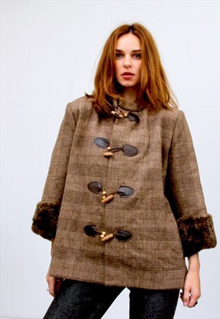 VINTAGE BROWN WOOL COAT TOGGLE MIDI JACKET TWEED COAT M L