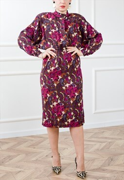 80s dress in burgundy floral vintage padded shoulders