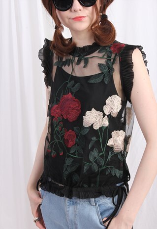 (KOREAN) FLORAL EMBROIDERY MESH TOP VEST