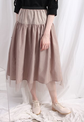 (KOREAN) MESH LAYER NYLON FABRIC SKIRT BEIGE
