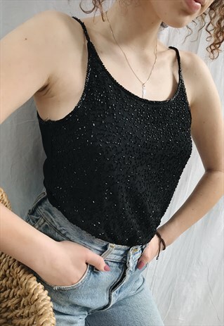 VINTAGE 90S LUXE BLACK HAUTE BOHEME BEADED CAMI BLOUSE TOP
