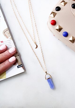 GOLD MOON NATURAL QUARTZ STONE GEM MULTI LAYER NECKLACE