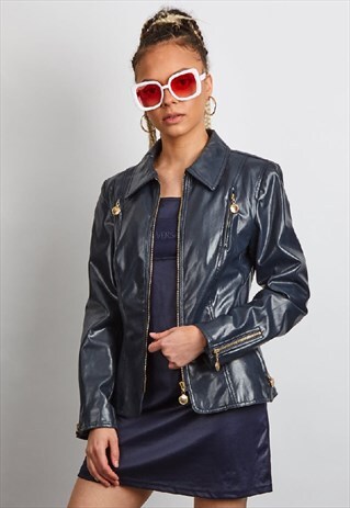 VINTAGE 90'S MOSCHINO NAVY LEATHER COLLARED JACKET