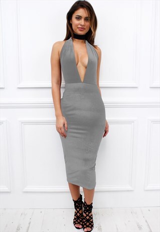 GREY PLUNGE HALTERNECK VELOUR VELVET MIDI DRESS