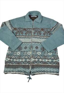 Vintage Fleece Jacket Retro Pattern Blue Ladies Small