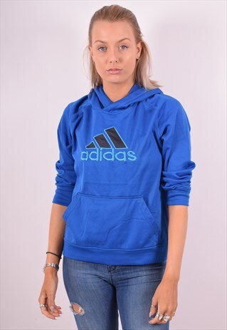 ADIDAS WOMENS VINTAGE HOODIE JUMPER LARGE BLUE 90S