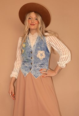 Vintage 80s dolly denim country texas painted waistcoat - m