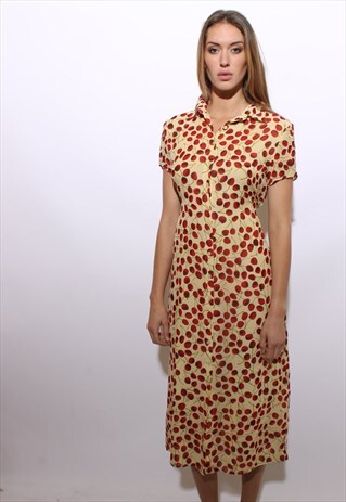 VINTAGE 1990'S 90'S SILK CHERRY PRINT MAXI SHIRT DRESS M-L