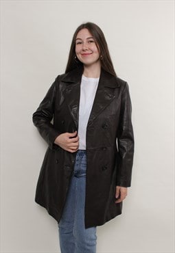 90s brown leather trench coat, vintage double breasted 