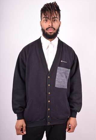 CHAMPION MENS VINTAGE CARDIGAN JUMPER XL BLACK 90'S