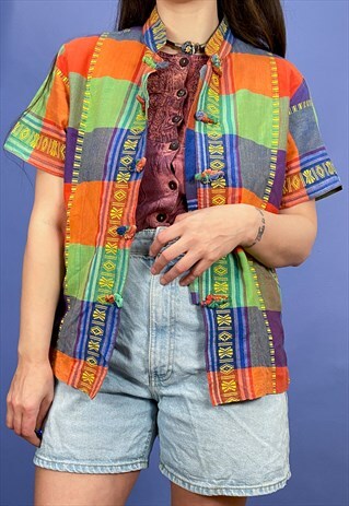 VINTAGE 90'S HIPPIE CHECKED BRIGHT SHORT SLEEVE SHIRT - S/M
