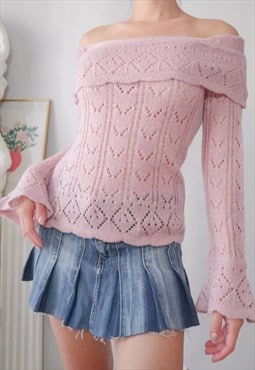 y2k balletcore pink off shoulder sweater