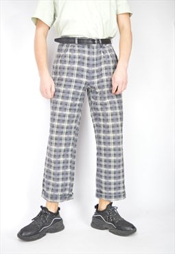 Vintage grey checkered classic straight cotton suit trousers