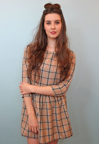 BEIGE CHECK 90S INSPIRED TARTAN TWO PIECE CO-ORD SKIRT & TOP