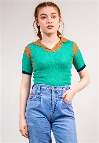 VINTAGE 70'S GREEN SAILOR STYLE KNIT TOP