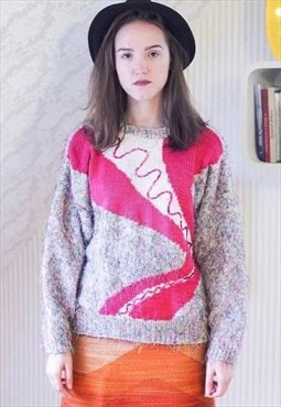 Beige and pink colorful threads knitted vintage jumper