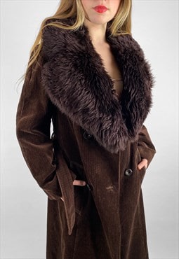 70's Vintage Brown Penny Lane Cord Shearling Collar Coat