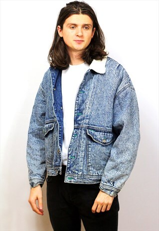 1990'S VINTAGE OVERSIZED FAUX SHERPA LINED DENIM JACKET