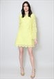 60's Vintage Ladies Yellow Lace Long Sleeve Mini Dress