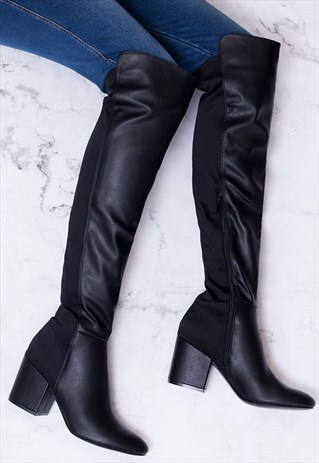 AVVA BLOCK HEEL OVER KNEE TALL BOOTS - BLACK LEATHER STYLE