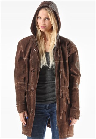 HOODED SUEDE COAT BROWN LEATHER