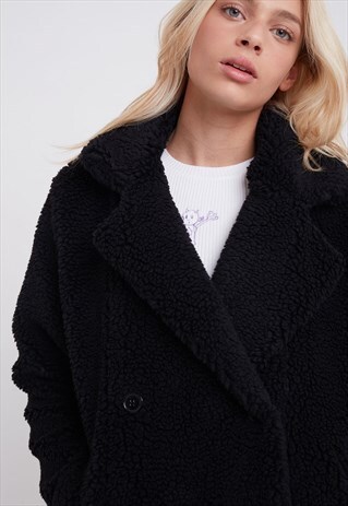 TEDDY BEAR DOUBLE-BREASTED COAT - BLACK