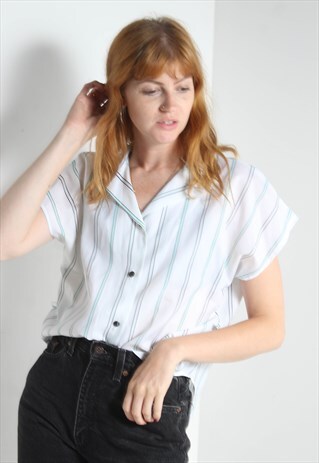 Vintage 80's Womens Smart Striped Blouse Shirt - White
