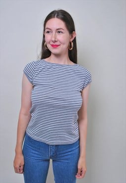 Vintage striped grey blouse, 90s minimalist women shirt 