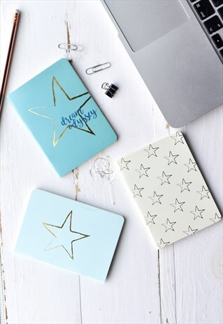 MINI SET OF 3 NOTEBOOKS IN AQUA AND BEIGE WITH STAR DESIGN