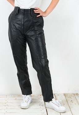 Vintage Women's W32 L31 Black Cowhide Leather Trousers Pants